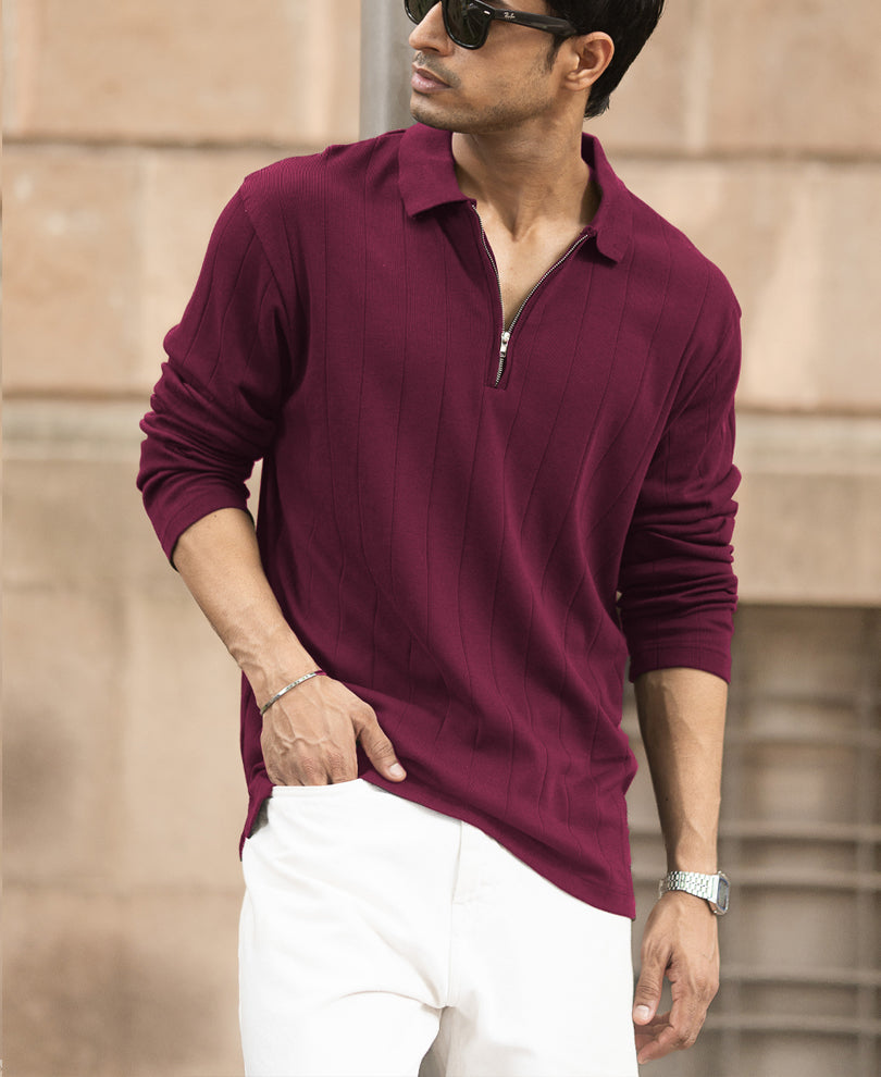 Wine Knitted Zipper Polo T-Shirt 100% Cotton