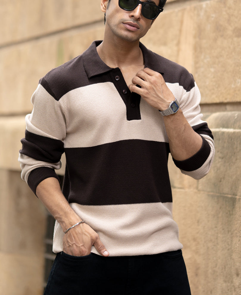 Brown Structured Knit Striped T-Shirt 100% Cotton