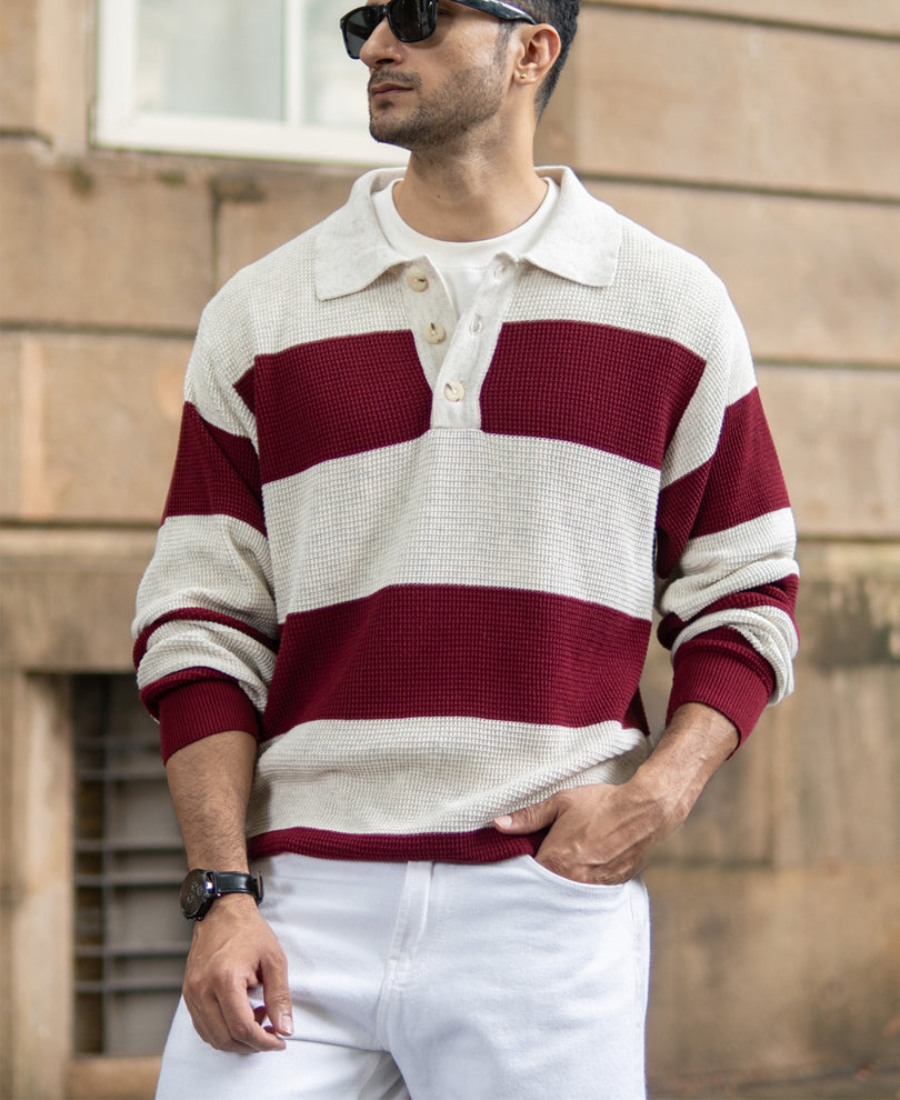 Wine Structured Stripe T-Shirt 100% Cotton