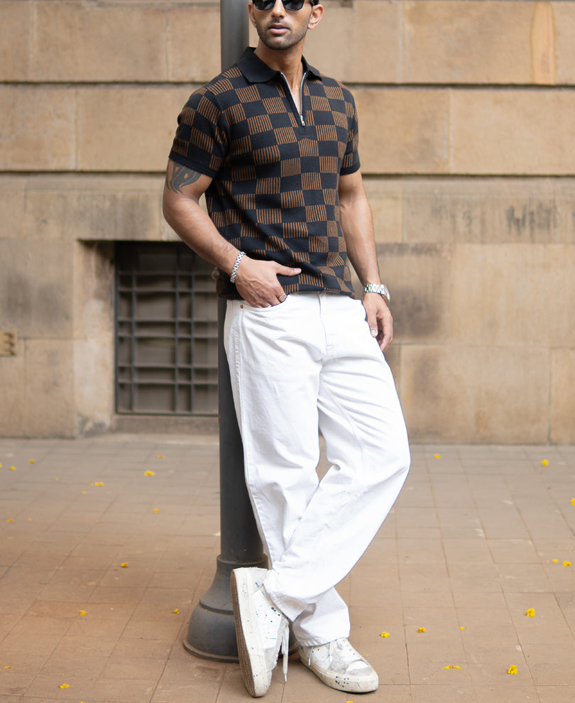 Brown And Black Jacquard Knit T-Shirt 100% Cotton