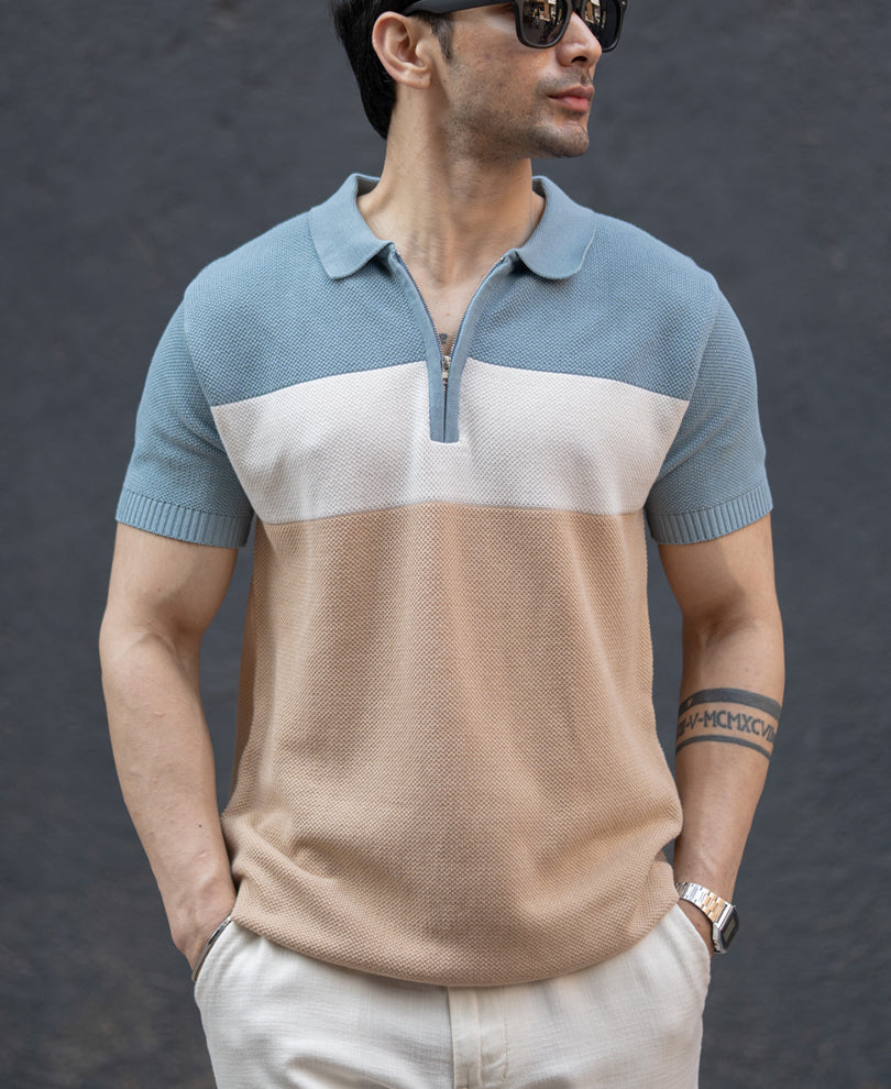 Blue & Beige Stripe Knit T-Shirt 100% Cotton
