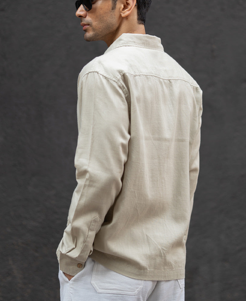 Beige Floral Embroidery Shirt 100% Cotton