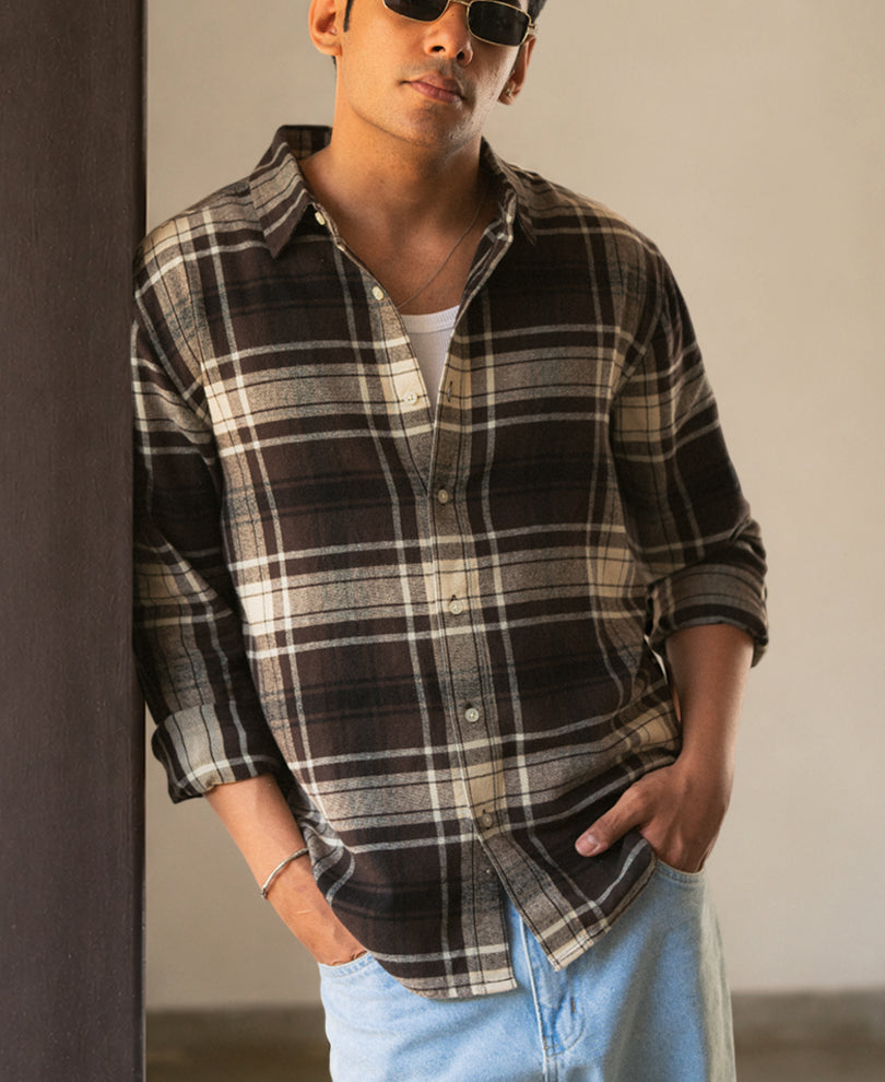 Brown & Off-White Structured Checks Shirt 100% Cotton