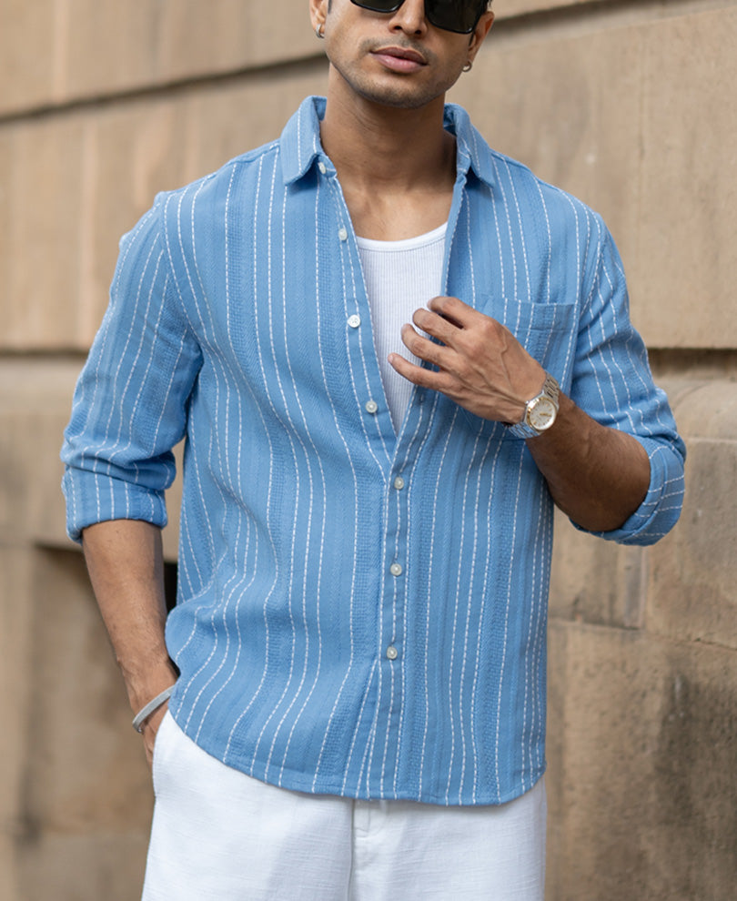 Blue Structured Striped Shirt