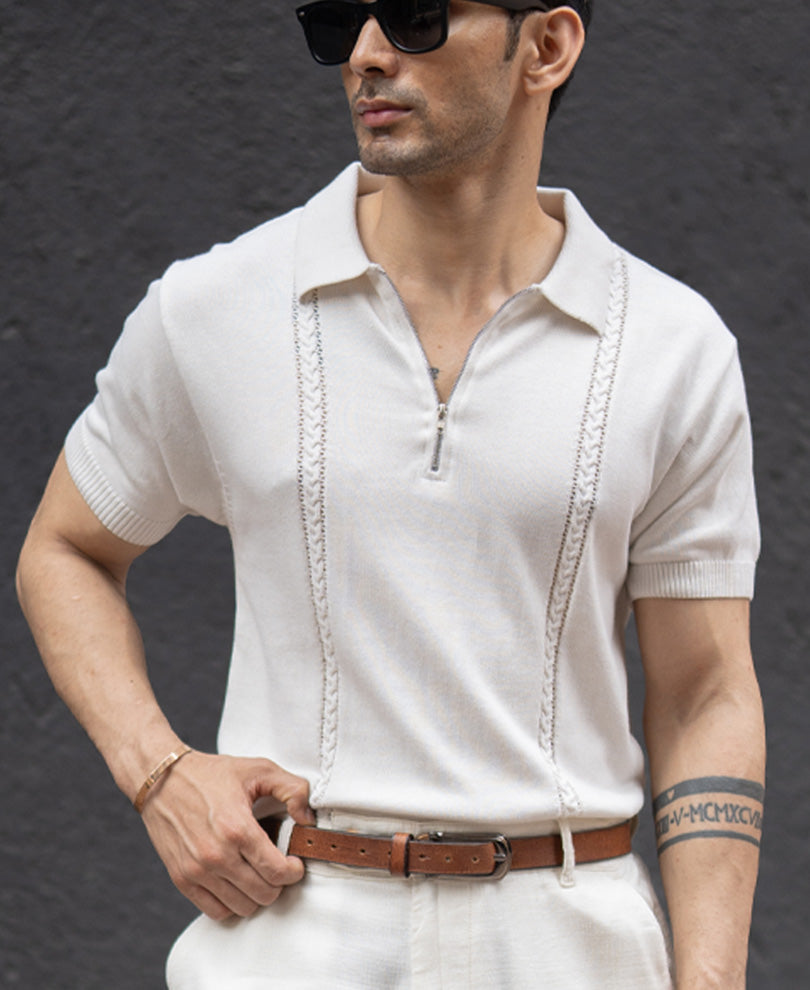 White Structured Knit Zipper T-Shirt 100% Cotton