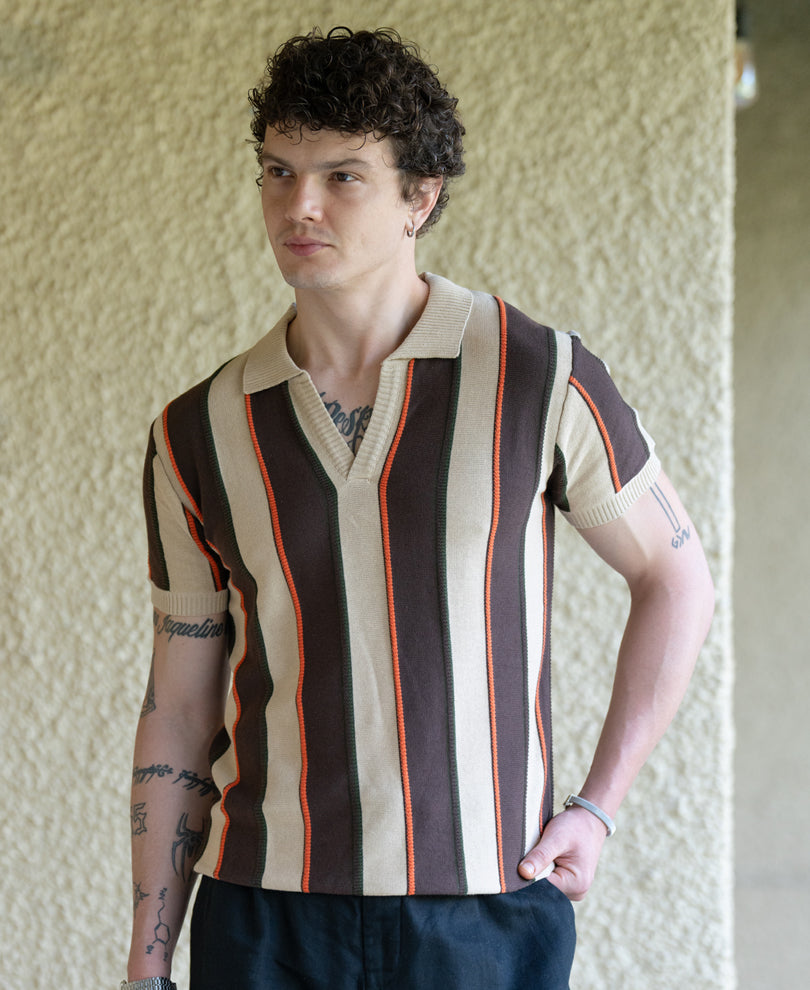Beige Stripe Knit T-Shirt 100% Cotton
