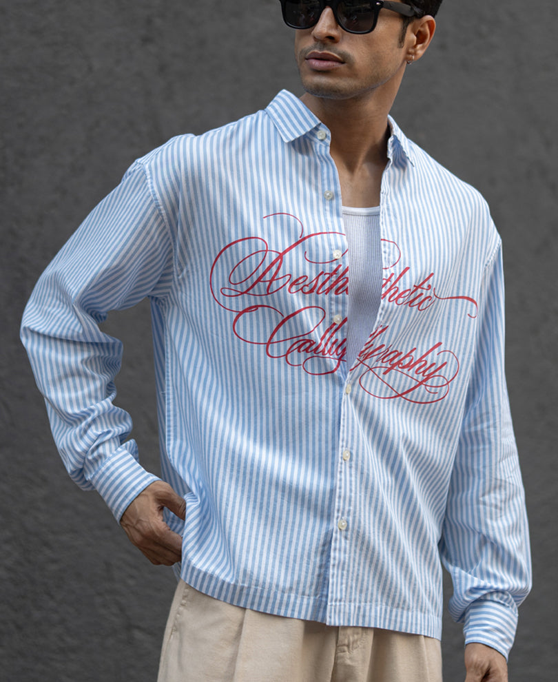 Blue Lightweight Printed Boxy Shirt 100% Cotton