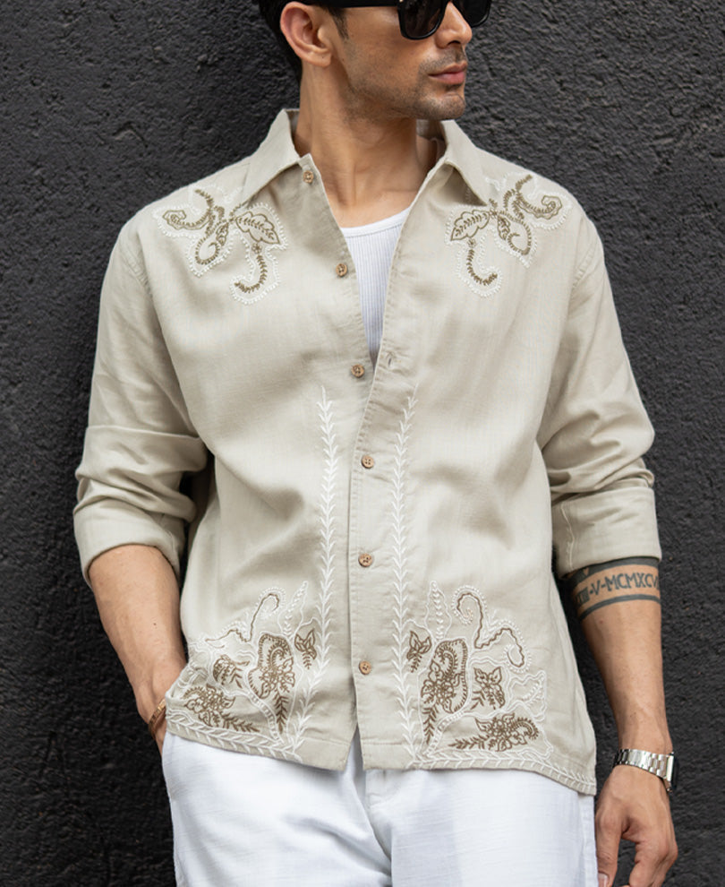 Beige Floral Embroidery Shirt 100% Cotton