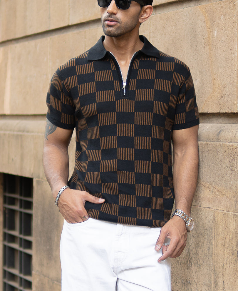 Brown And Black Jacquard Knit T-Shirt 100% Cotton
