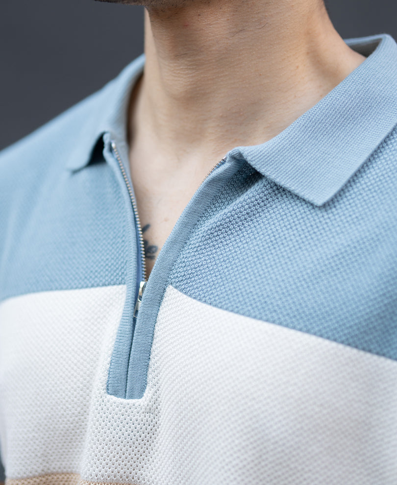 Blue & Beige Stripe Knit T-Shirt 100% Cotton